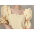 French Square Neck Shirt For Women Elegant Puff Sleeves Casual Blouse Trendy Half Sleeves Pullover Tops apricot M