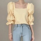 French Square Neck Shirt For Women Elegant Puff Sleeves Casual Blouse Trendy Half Sleeves Pullover Tops yellow M
