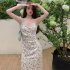 French Vintage Sleeveless Dress For Women V Neck Elegant Printing Spaghetti Strap Bodycon Skirt Sexy High Waist Dress DS051 As shown M