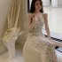 French Vintage Sleeveless Dress For Women V Neck Elegant Printing Spaghetti Strap Bodycon Skirt Sexy High Waist Dress DS051 As shown M