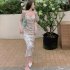 French Vintage Sleeveless Dress For Women V Neck Elegant Printing Spaghetti Strap Bodycon Skirt Sexy High Waist Dress DS051 As shown M