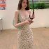 French Vintage Sleeveless Dress For Women V Neck Elegant Printing Spaghetti Strap Bodycon Skirt Sexy High Waist Dress DS051 As shown M
