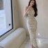 French Vintage Sleeveless Dress For Women V Neck Elegant Printing Spaghetti Strap Bodycon Skirt Sexy High Waist Dress DS051 As shown M