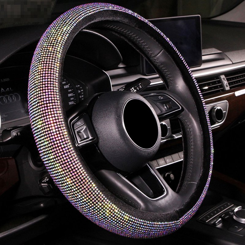ATMOMO Colorful Car Steering Wheel Cover PU Leather Steering Wheel Protection Cover with Crystal Diamond Four Seasons Fit 15 Inch 