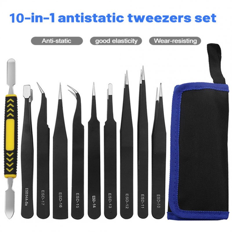 10pcs Stainless Steel Tweezers Set Anti-static Esd Maintenance Tools With Disassembly Crow Bar Canvas Bag (tweezers 10 pcs/set)
