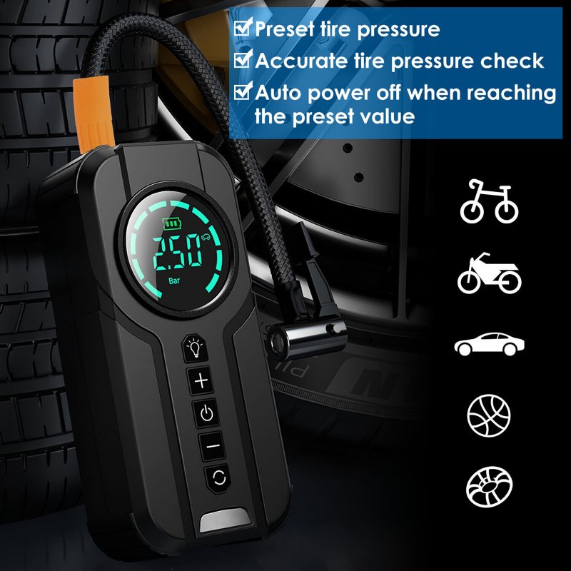 150psi Tire Inflator Air Compressor Lcd Display Cordless Portable Air Pump for Motorcycle Bike Ball without Battery