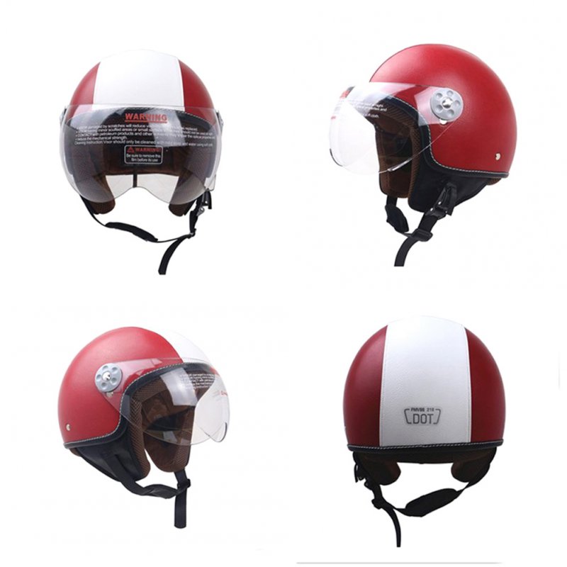 DOT Certification Helmet Leather Cover Scooter Vintage Helmet Red and white L