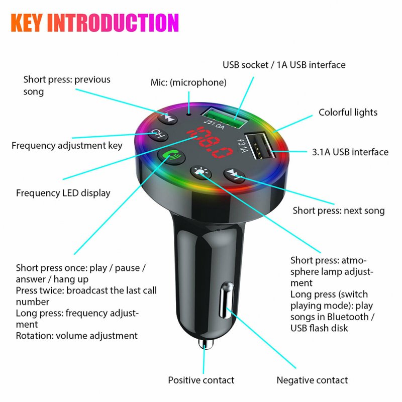 Multi-purpose LED Screen F9 Car  Bluetooth-compatible  5.0  Fm  Transmitter Mp3 Player U Disk Music Atmosphere Light Usb Fast Charger 