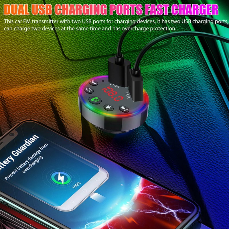 Multi-purpose LED Screen F9 Car  Bluetooth-compatible  5.0  Fm  Transmitter Mp3 Player U Disk Music Atmosphere Light Usb Fast Charger 