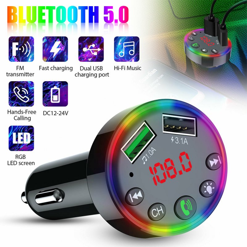 Multi-purpose LED Screen F9 Car  Bluetooth-compatible  5.0  Fm  Transmitter Mp3 Player U Disk Music Atmosphere Light Usb Fast Charger 