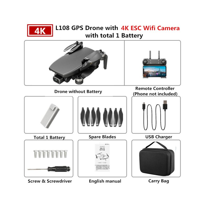 GPS Drone L108 with 4K ESC HD Dual Camera 5G Wifi FPV GPS Flow Follow RC Quadcopter Brushless Foldable Helicopter VS SG906 Black 1 battery