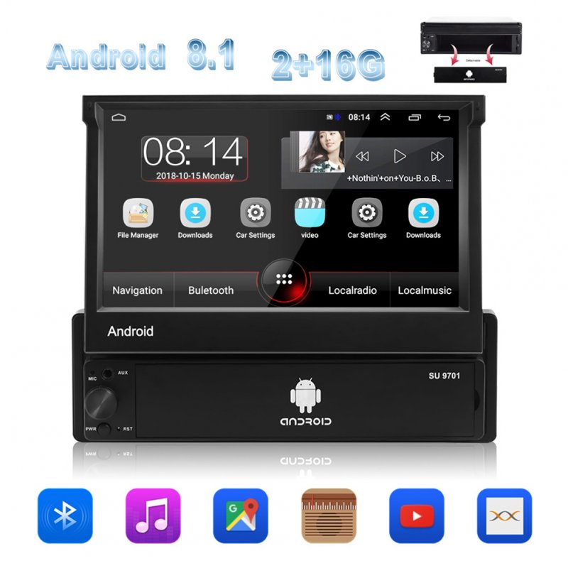 Android 9.1 1 Din Car Radio GPS Navigation 7-inch HD Retractable Screen System 2+16G Multimedia Video Player 