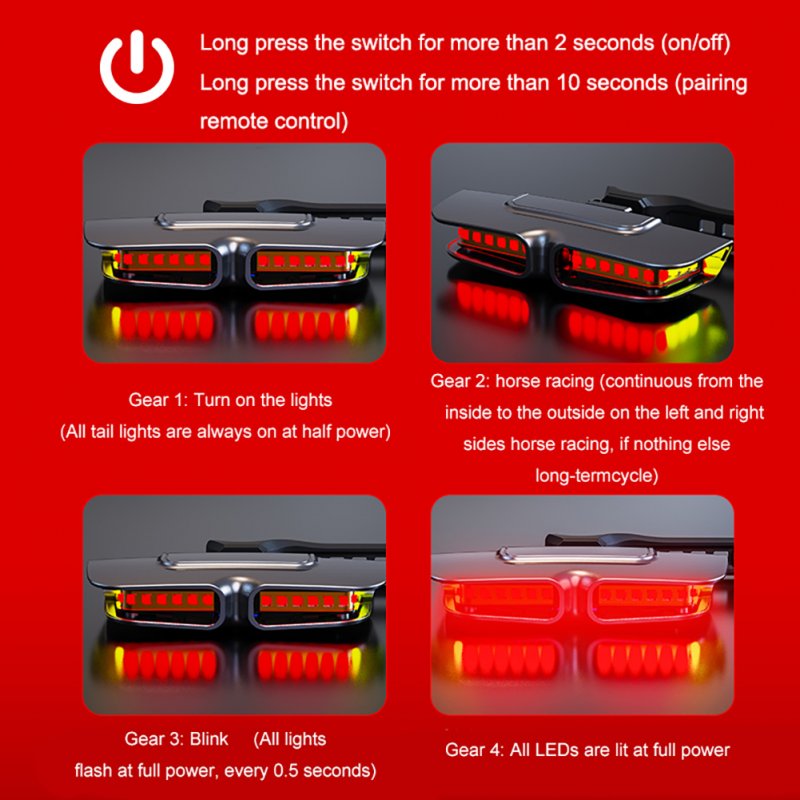 Bicycle 20led Tail Light Turn Signal Indicator Waterproof Usb Rechargeable Remote Control Warning Light 