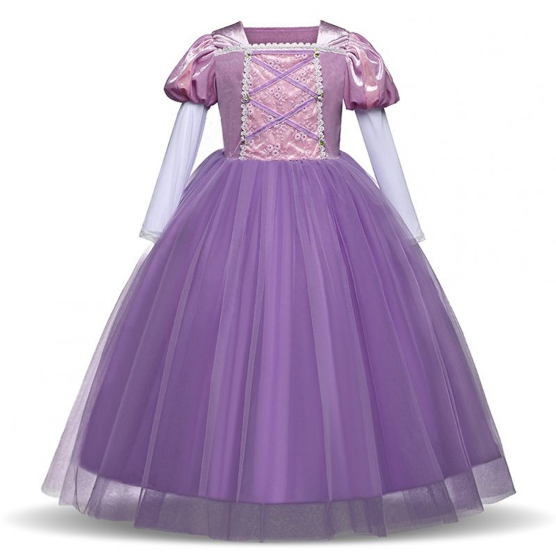 Girl Delicate Lace Long Dress Elegant Lovely Fluffy Princess Dress for Halloween Show purple_110cm