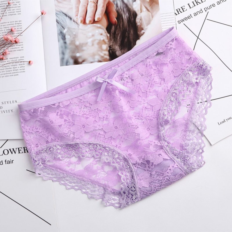 Girl Panties Lace Floral Briefs Bowknot Lady Lingerie Sexy Underwear Underpants purple_One size