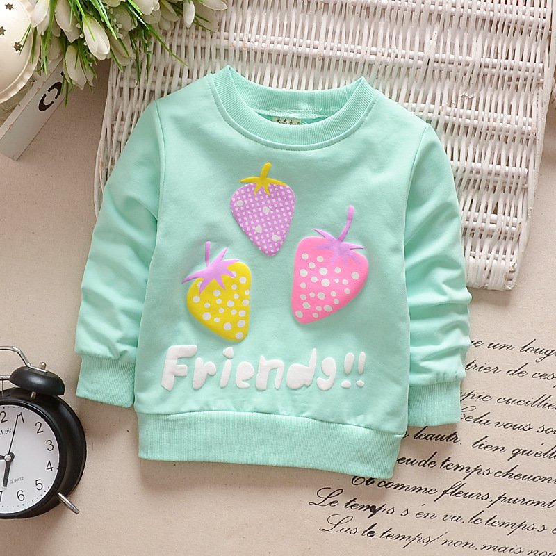 Girl T-Shirt Strawberry Print Bottoming Long-sleeved Shirt Round Collar Infant Pullover  TX-Blue_73CM