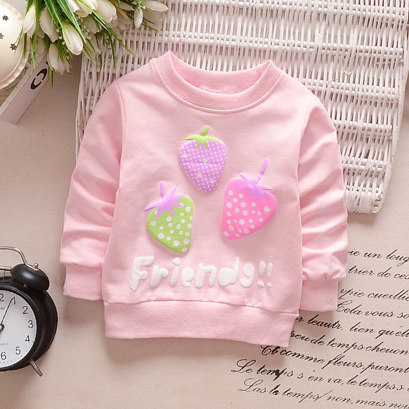 Girl T-Shirt Strawberry Print Bottoming Long-sleeved Shirt Round Collar Infant Pullover  TX-pink_90CM