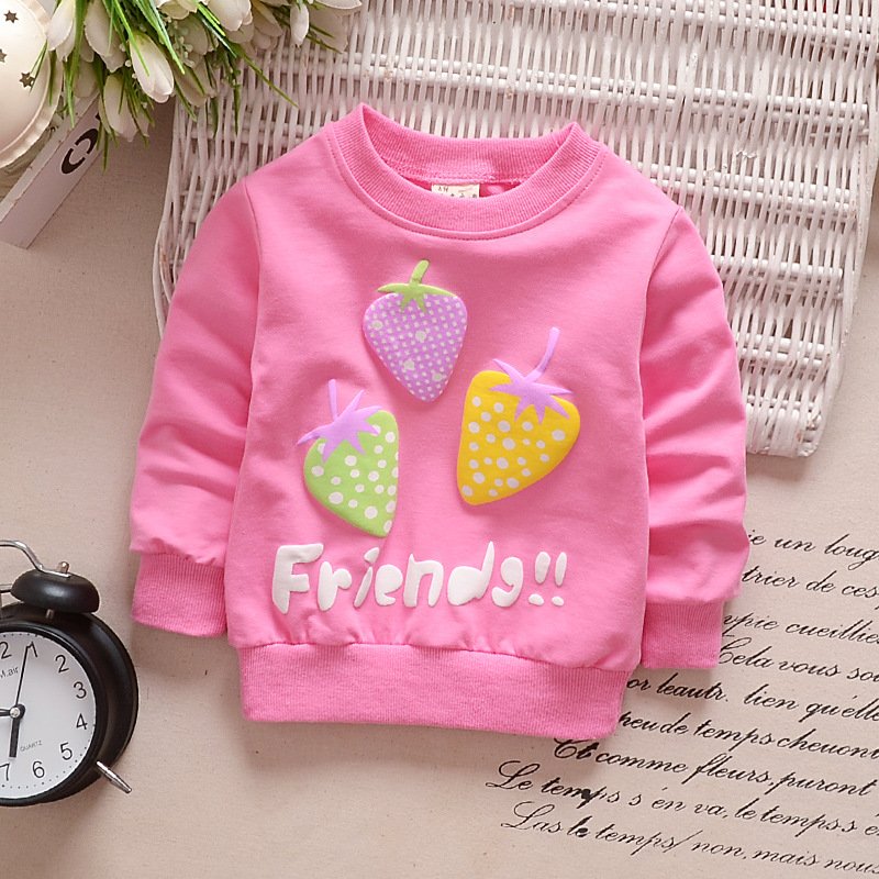 Girl T-Shirt Strawberry Print Bottoming Long-sleeved Shirt Round Collar Infant Pullover  TX-rose red_80CM