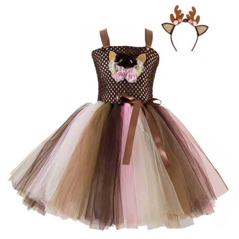 Girls Dress Christmas Cartoon Net Yarn Dress + Headdress  for 4-12 Years Old Kids HH5085