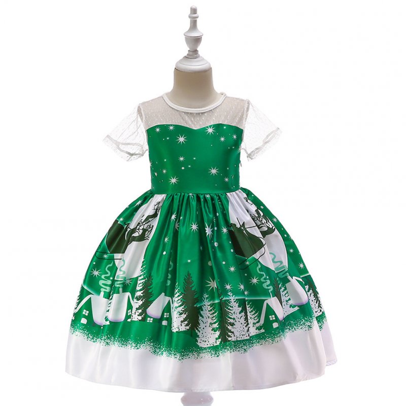 Girls Dress Christmas Short-sleeve Printed Satin Dress for 3-9 Years Old Kids SD039E-green_130cm