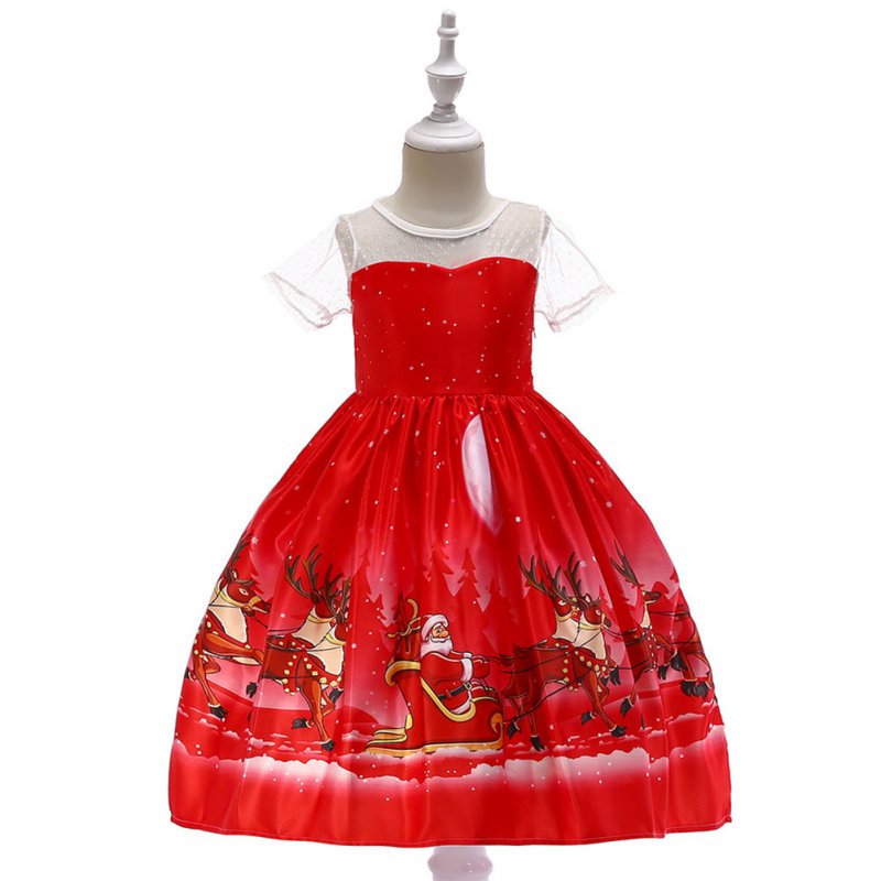 Girls Dress Christmas Short-sleeve Printed Satin Dress for 3-9 Years Old Kids SD045K-red_110cm