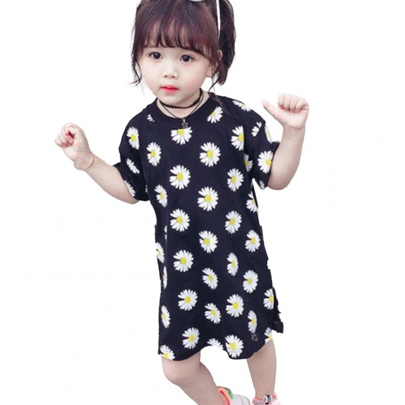 Girls Dress Cotton Daisy Short Sleeve T-shirt Dress for 2-6 Years Old Kids black_110cm