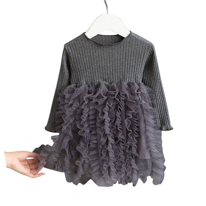Girls Dress Knitted Long-sleeve Fluffy Yarn Cake Dress for 1-6 Years Old Kids grey_110cm