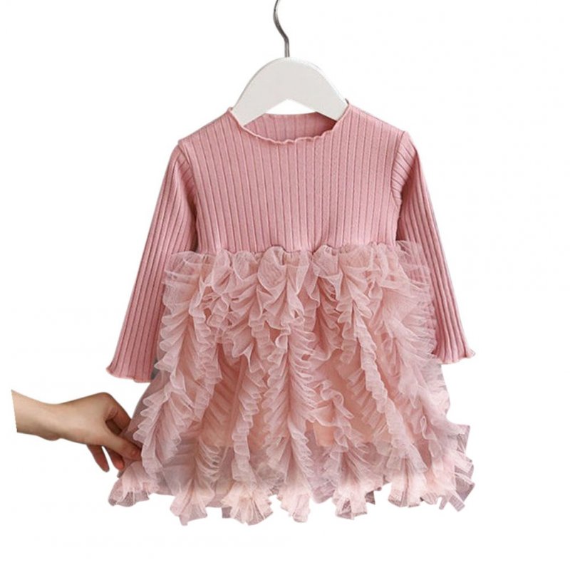 Girls Dress Knitted Long-sleeve Fluffy Yarn Cake Dress for 1-6 Years Old Kids pink_100cm