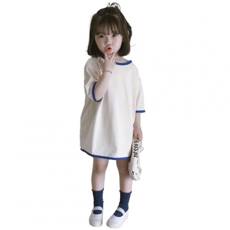 Girls Dress Mid-length Solid Color Casual Short-sleeved Dress for 3-6 Years Old Kids white_110cm