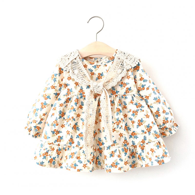 Girls Long Sleeves Dress Elegant Cute Floral Printing Cotton Princess Dress For 0-4 Years Old Children orange HEIGHT:100CM