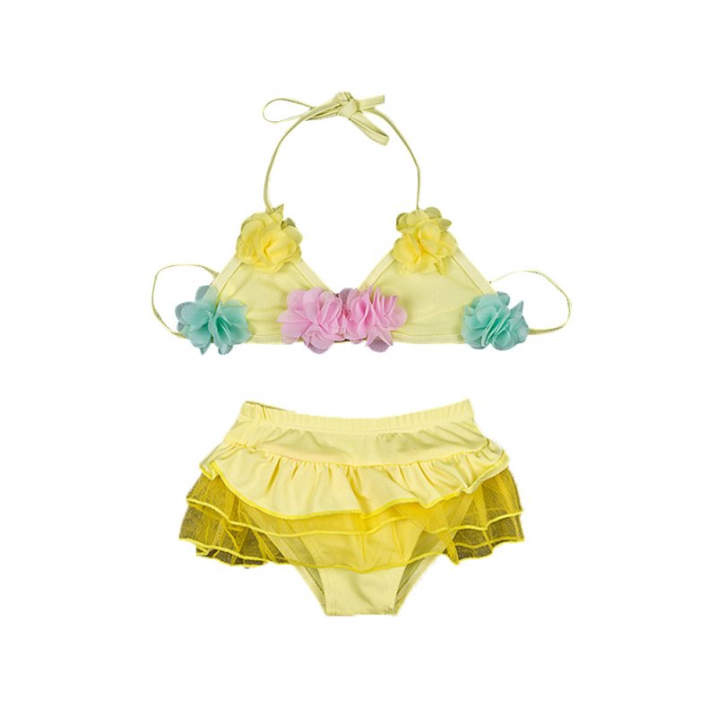 Girls Lovely Princess Polka Dot Flower Skirt Split Swimsuit Set yellow_One size (body weight 14-22lb)
