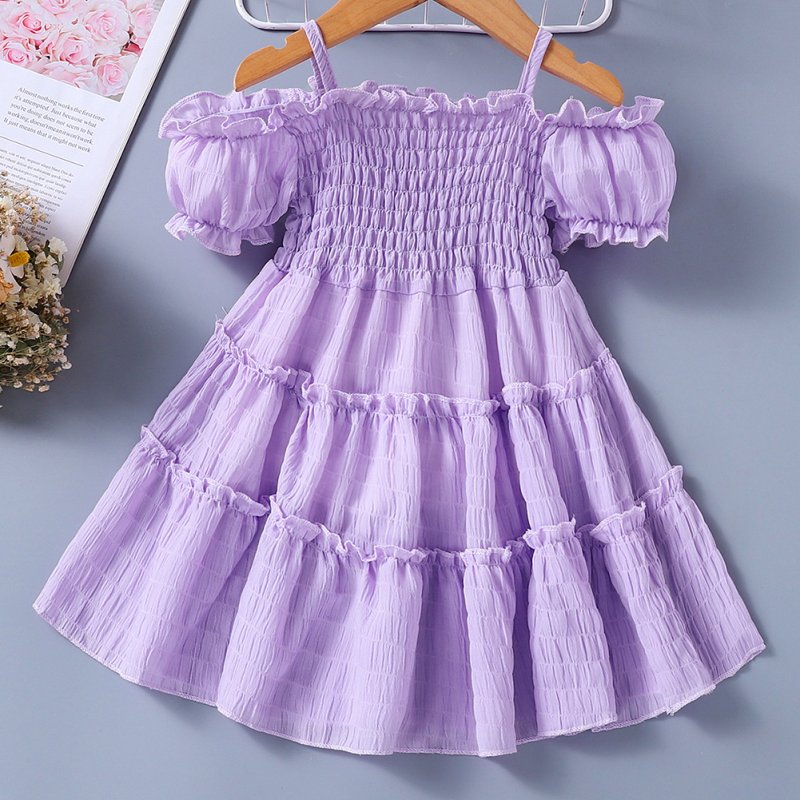 Girls Short Sleeves Dress Summer Fashionable Elegant Solid Color Princess Dress For 3-12 Years Old Kids light purple 11-12Y 3XL