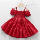 Girls Short Sleeves Dress Summer Fashionable Elegant Solid Color Princess Dress For 3-12 Years Old Kids red 2-3Y S