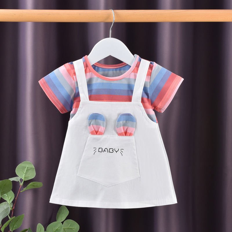Girls Short Sleeves Dress Summer Cotton Thin Fashion Stripes Casual A-line Skirt For 0-5 Years Old Kids white dress C 1Y 80