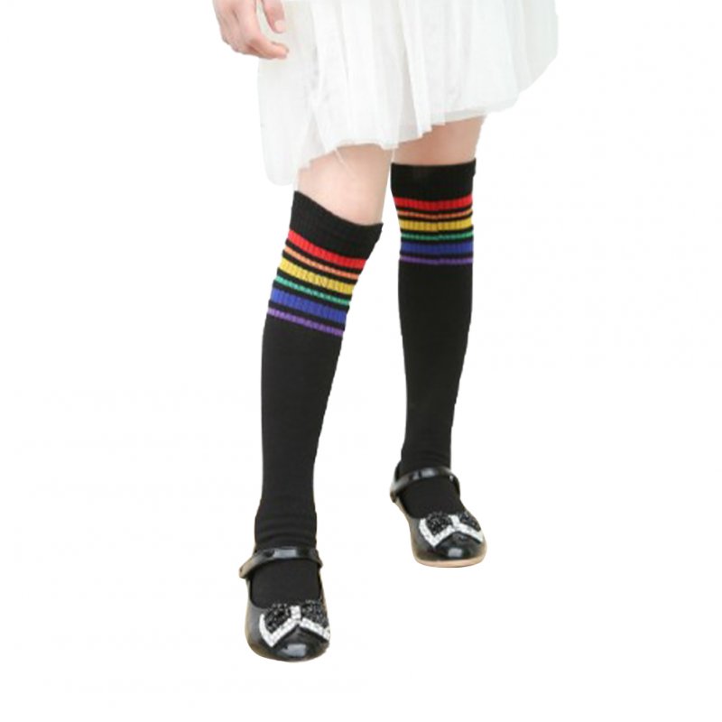 Girls'  Socks Rainbow Over-the-knee Cotton Mid-calf Length Socks for 2-6 Years Old  Kids black_L