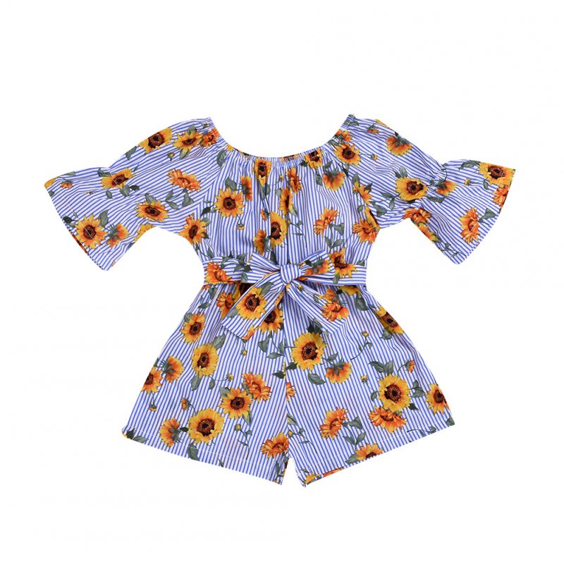 Girls Summer Cute Jumpsuit Baby Print Bows Climbing Romper  Sunflower stripes_90