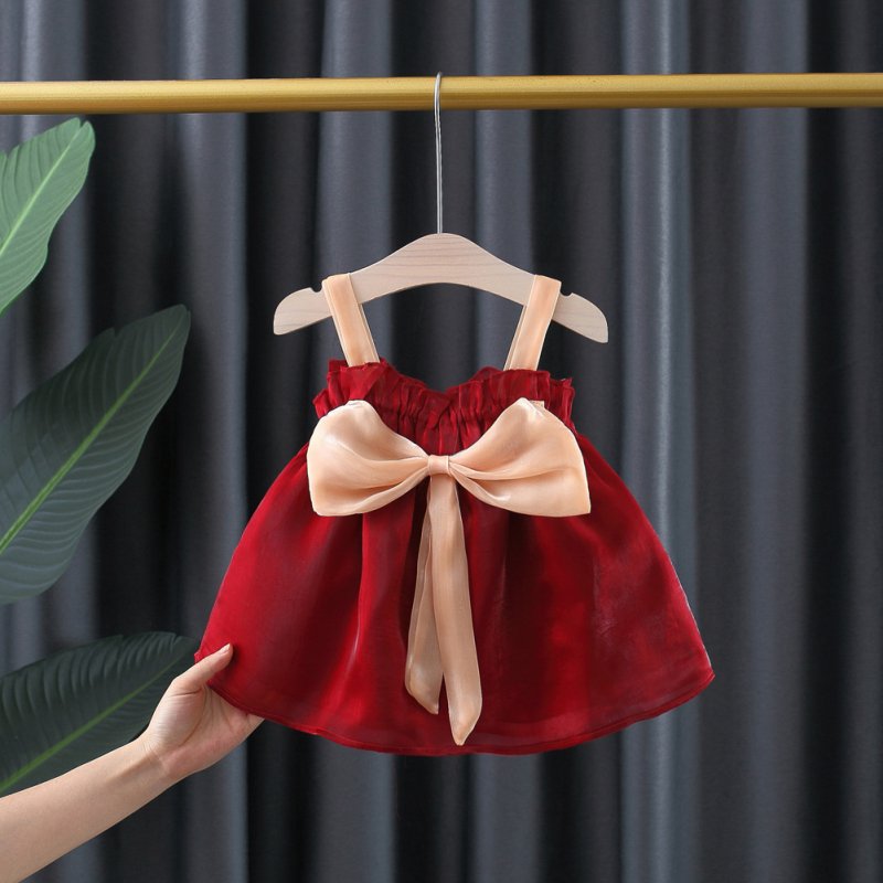 Girls Summer Sleeveless Dress Fashion Bowknot Princess Cute Sling Mesh Dress For 1-3 Years Old Children red CM: 80
