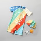 Girls Toddler One-piece Swimsuit Cartoon Short Sleeve Sunscreen Surfing Suit With Sun Hat Quick-drying Swimwear smiling face 2-3Y S