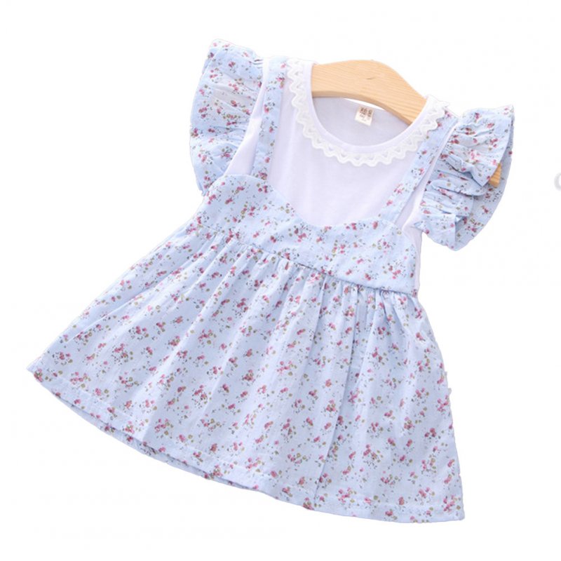 Girls dress cotton floral short-sleeve princess dress for 0-3 years old kids blue_M