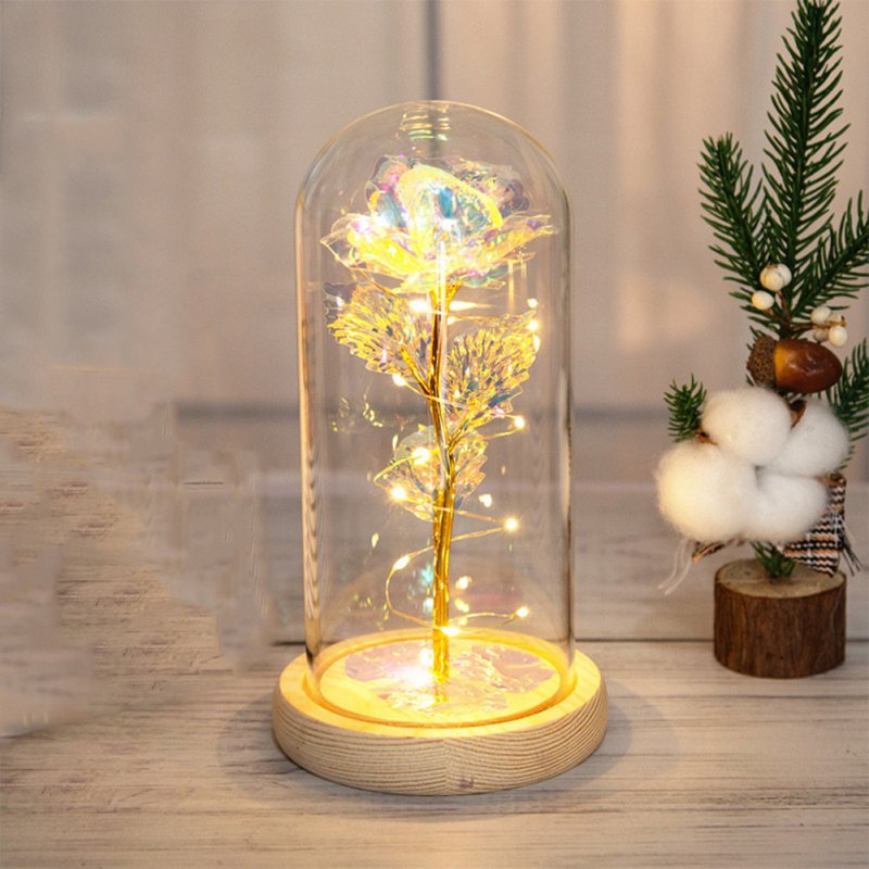 Glass  Dome  Cover  Roses  Ornaments Colorful Bendable Led Light Bar Valentine Day Creative Gift Weddings Family Dinners Decoration Warm white light + 3 leaves