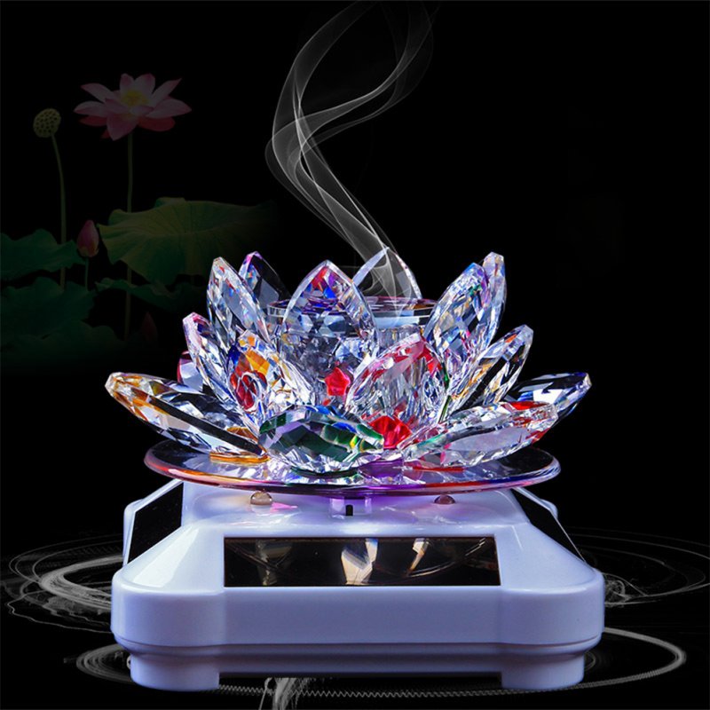 Glass Lotus Ornament with Solar Spin System Light Illuminated Base White background - colorful lotus
