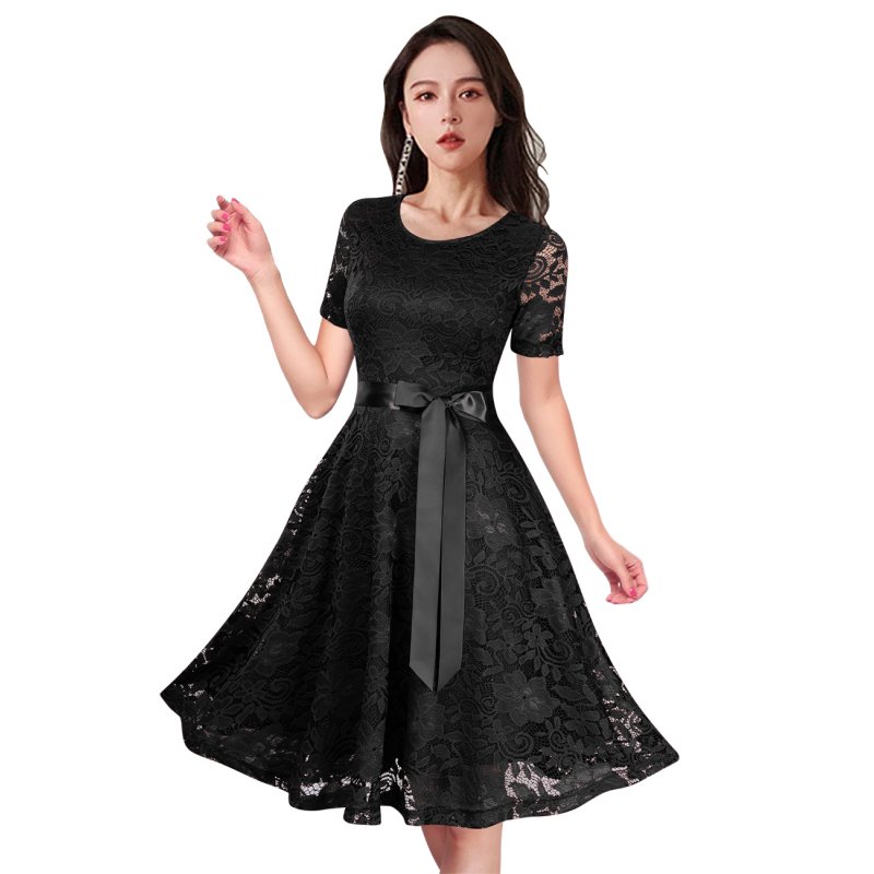 GloryStar Women's Short Sleeve Solid A-Line Bowknot Cocktail Party Lace Midi Dress