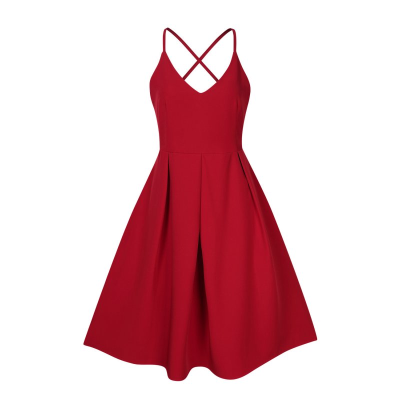 GlorySunshine Women Deep V-Neck Spaghetti Strap Dress Sleeveless Sexy Summer Cocktail Party Dresses Red_L