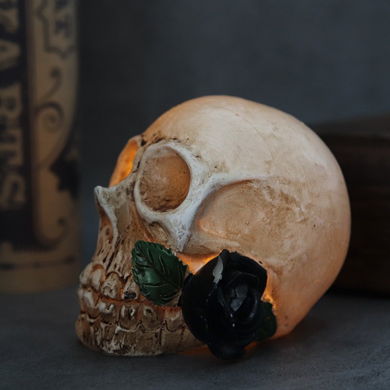 Glowing Skull Lights Skeleton Head Statue Ornament with Rose Led Lamp