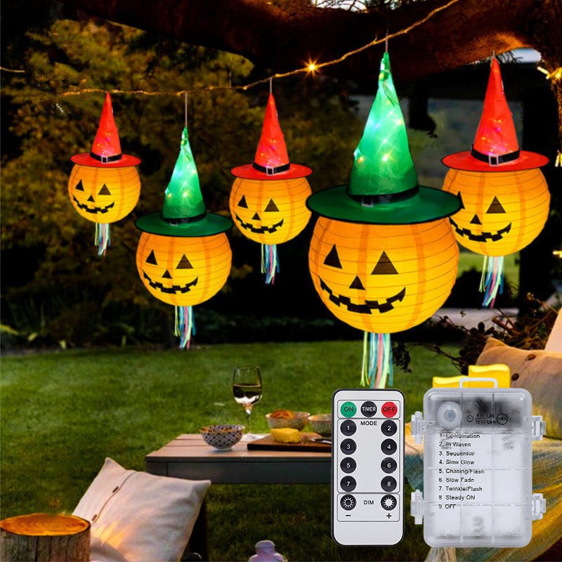 Glowing Witch Hat String Light for Halloween Ghost Festival Decoration Lamp 6pcs Tassel hat+remote control battery box