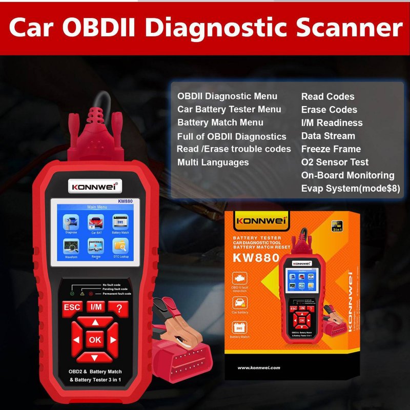 Kw880 Car Obdii Diagnostic Fault Scanner Tool Battery Real-time Monitoring Tools Auto Battery Tester 