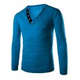 Men Metal Button V Neck Long Sleeve T Shirt