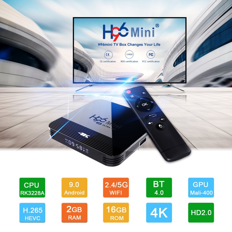 H96Mini STB H8 2G+16G 4K HD TV Set Top Box Rockchip RK3228A Support 2.4G /5G WiFi Android 9.0 Google Play  UK Plug