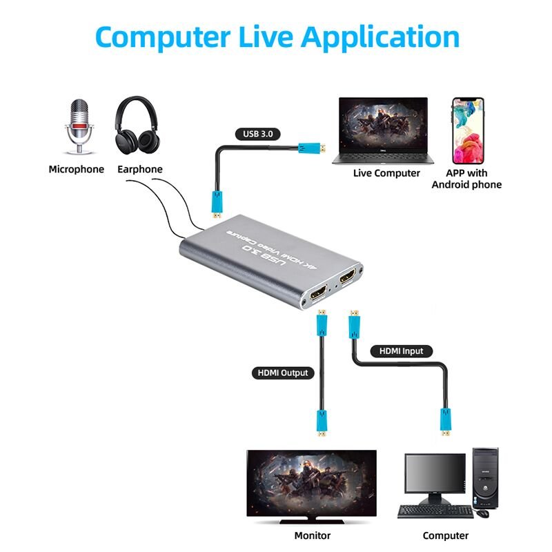 HD Acquisition Card USB 3.0 Mobile Game Live Video Conference HDMI Recorder for PS4 or Nintendo Switch gray
