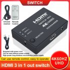 HD Multimedia Interface Switch 4K@60HZ 3 Input 1 Output HD Switcher Box For Computers Laptops Monitors Projectors black